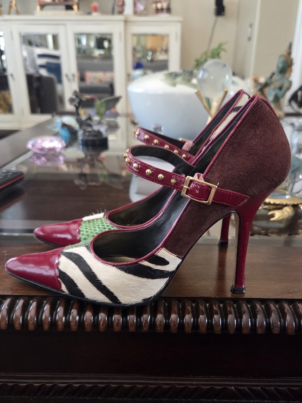 Beverly Feldman Burgundy, Black & White Zebra Mary Jane Stiletto Pumps